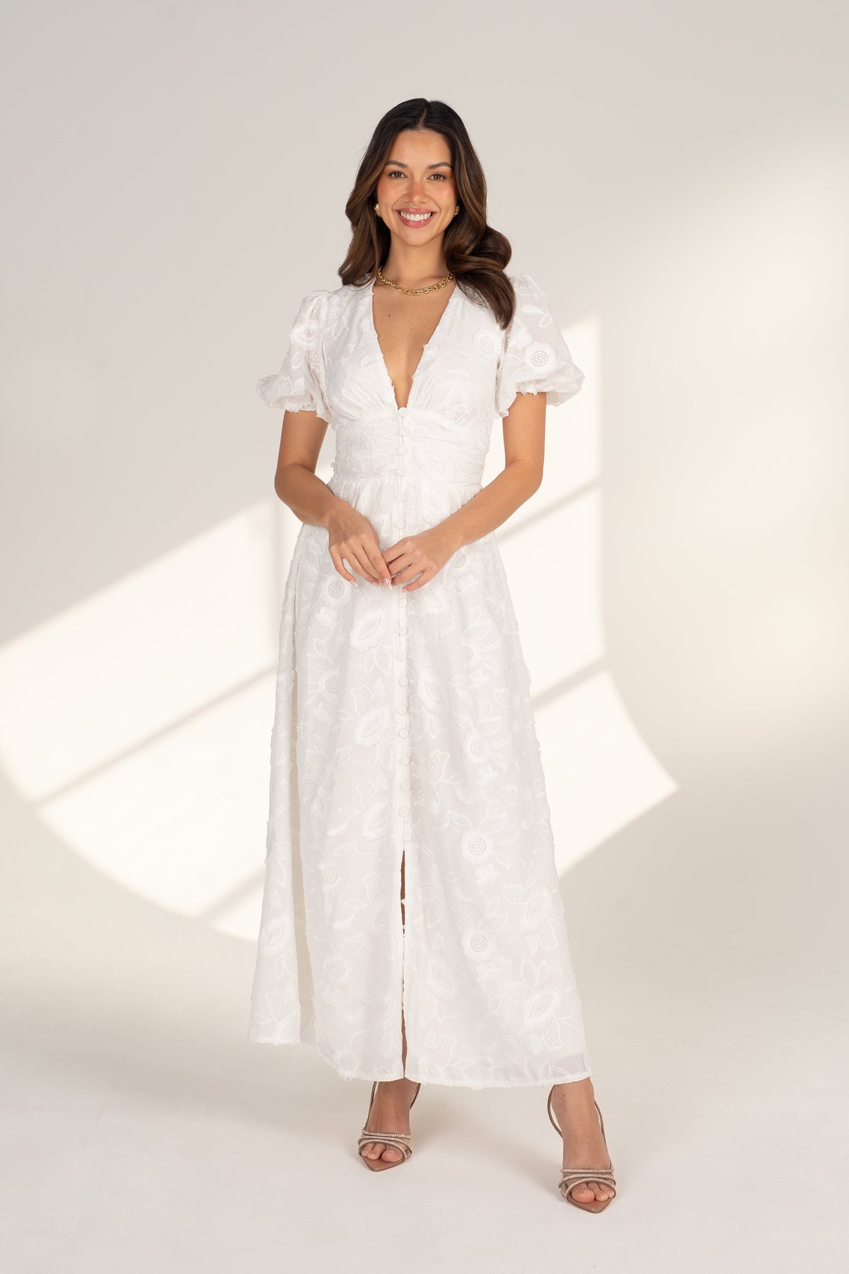 Alissa Puff Sleeve Button Down Midi Dress