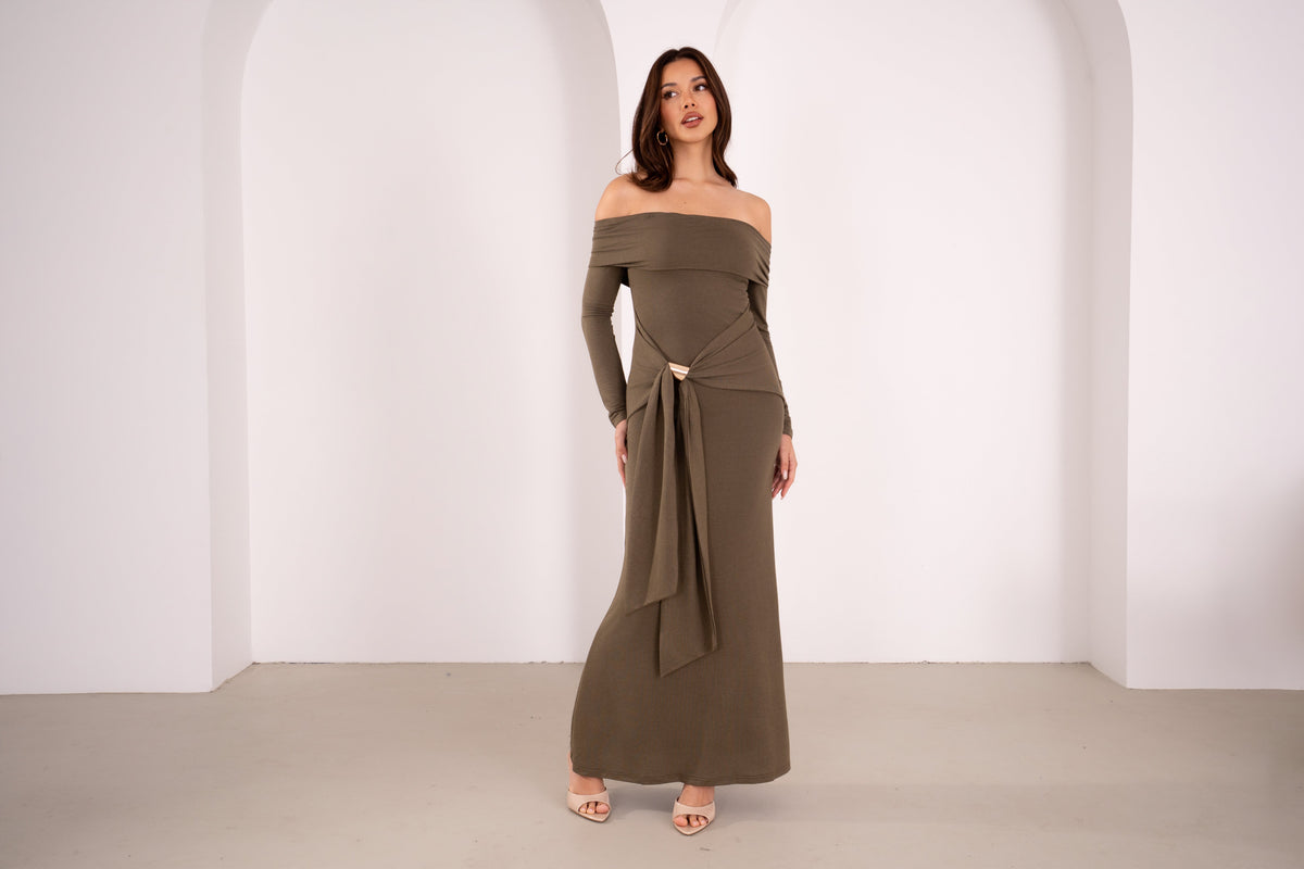 Amaris Long Sleeve Olive Off-Shoulder Maxi
