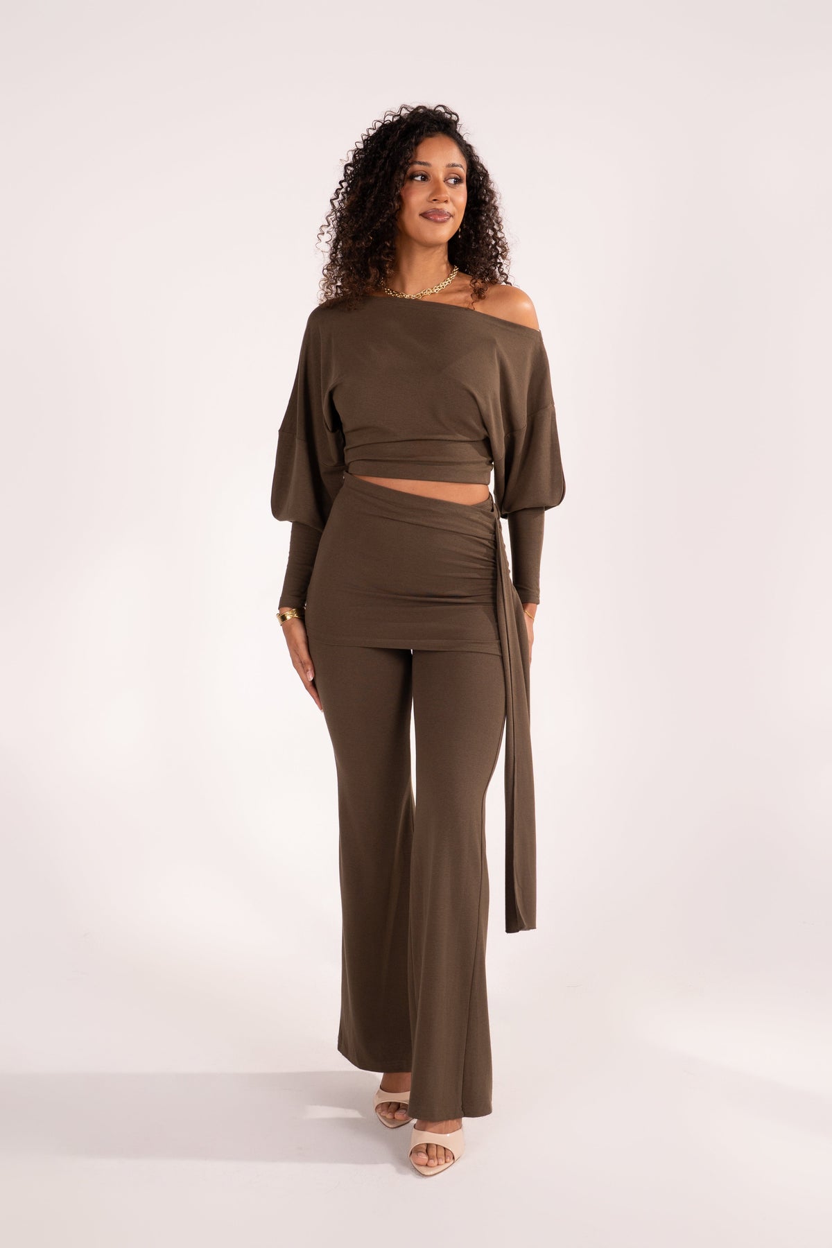Araminta Olive Drop Shoulder Top & Flared Pant Set with Drape Detail