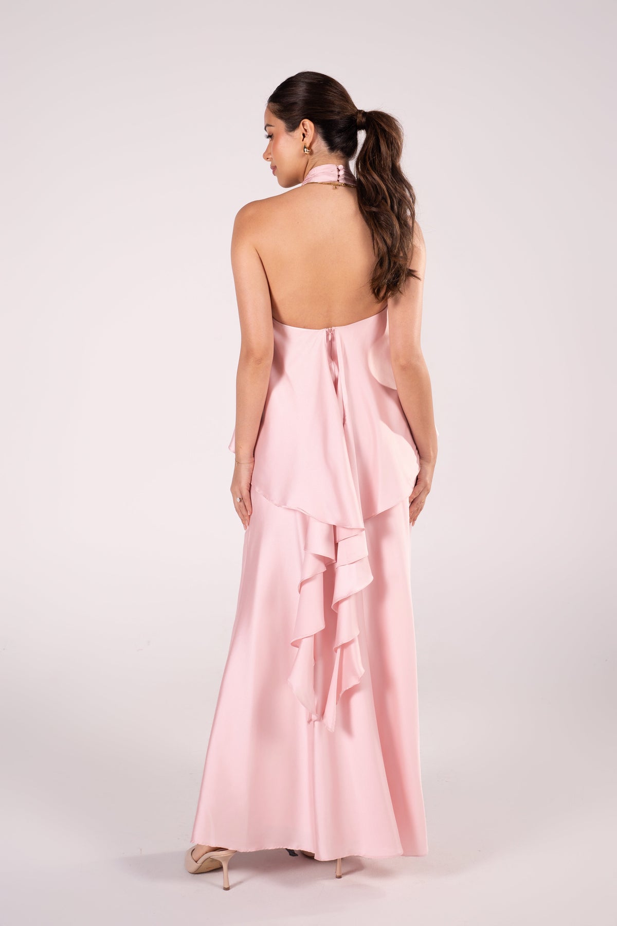 Aster Baby Pink Cascading Ruffle Halter Dress