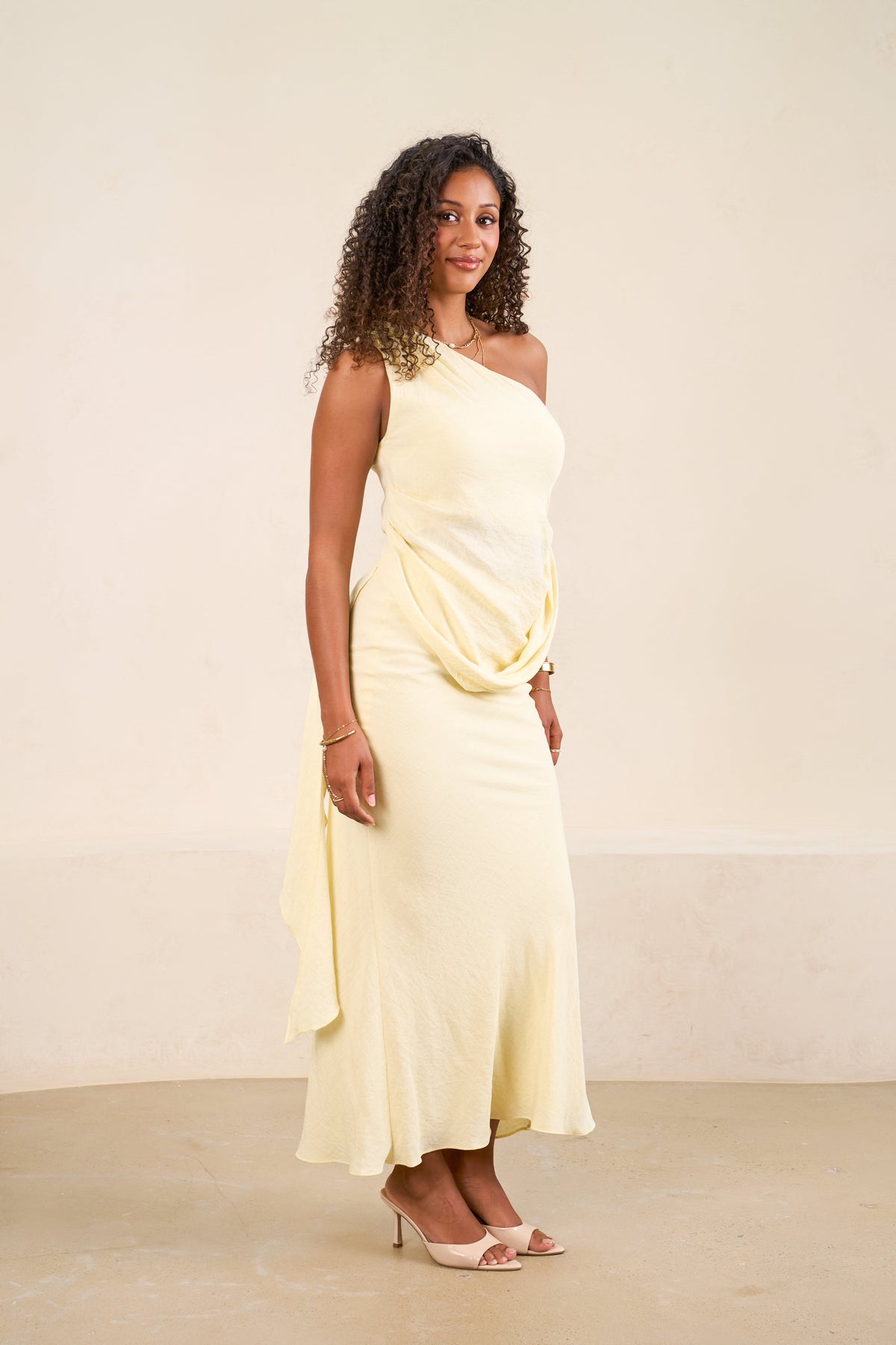 Clara Butter Yellow One Shoulder Drape Top & Maxi Skirt Set