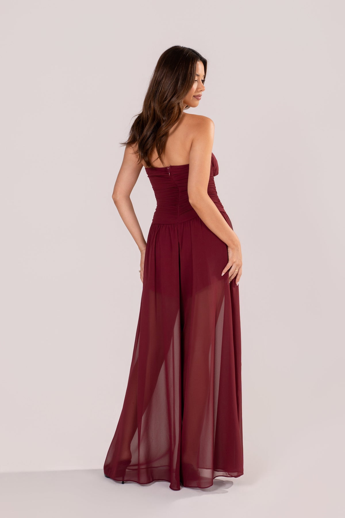 Evania Strapless Wine Jumpsuit with Sheer Overlay