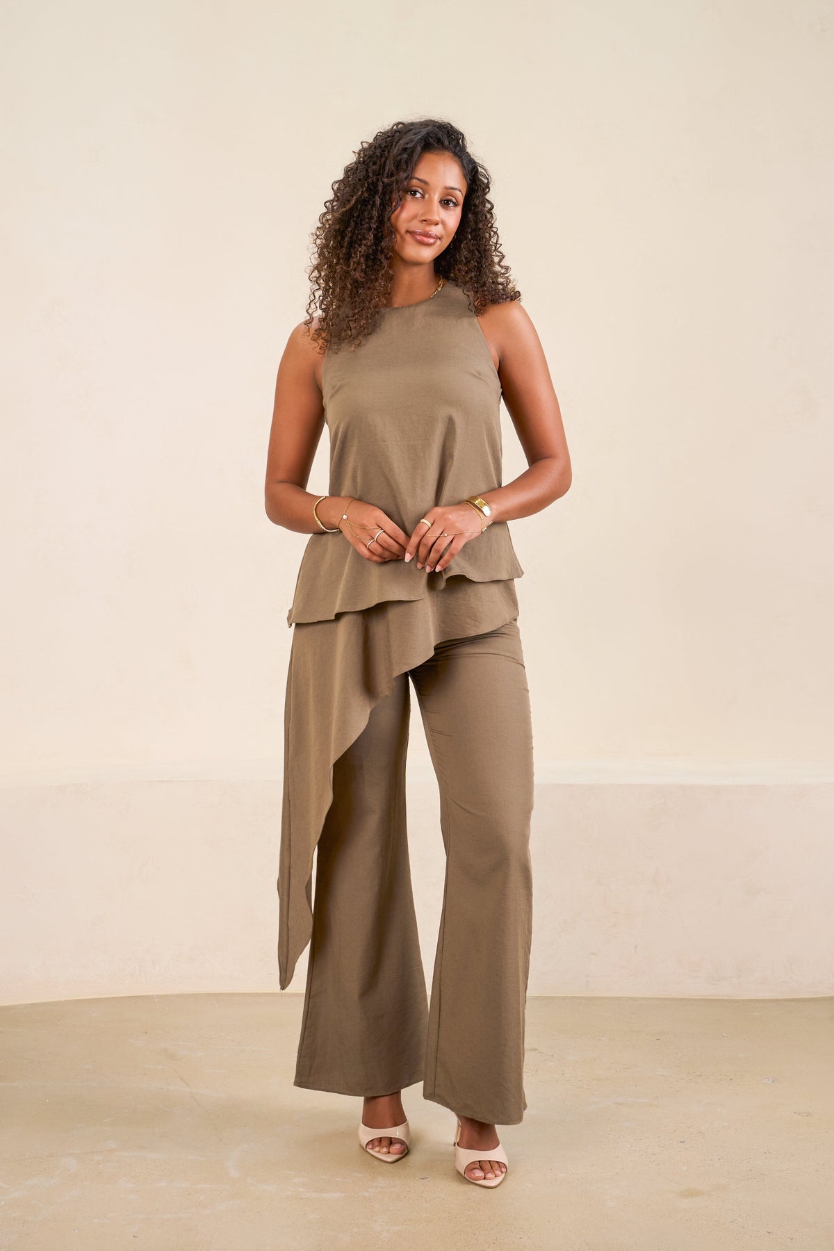 Justine Khaki Asymmetrical Layered Top & Wide Leg Pant Set