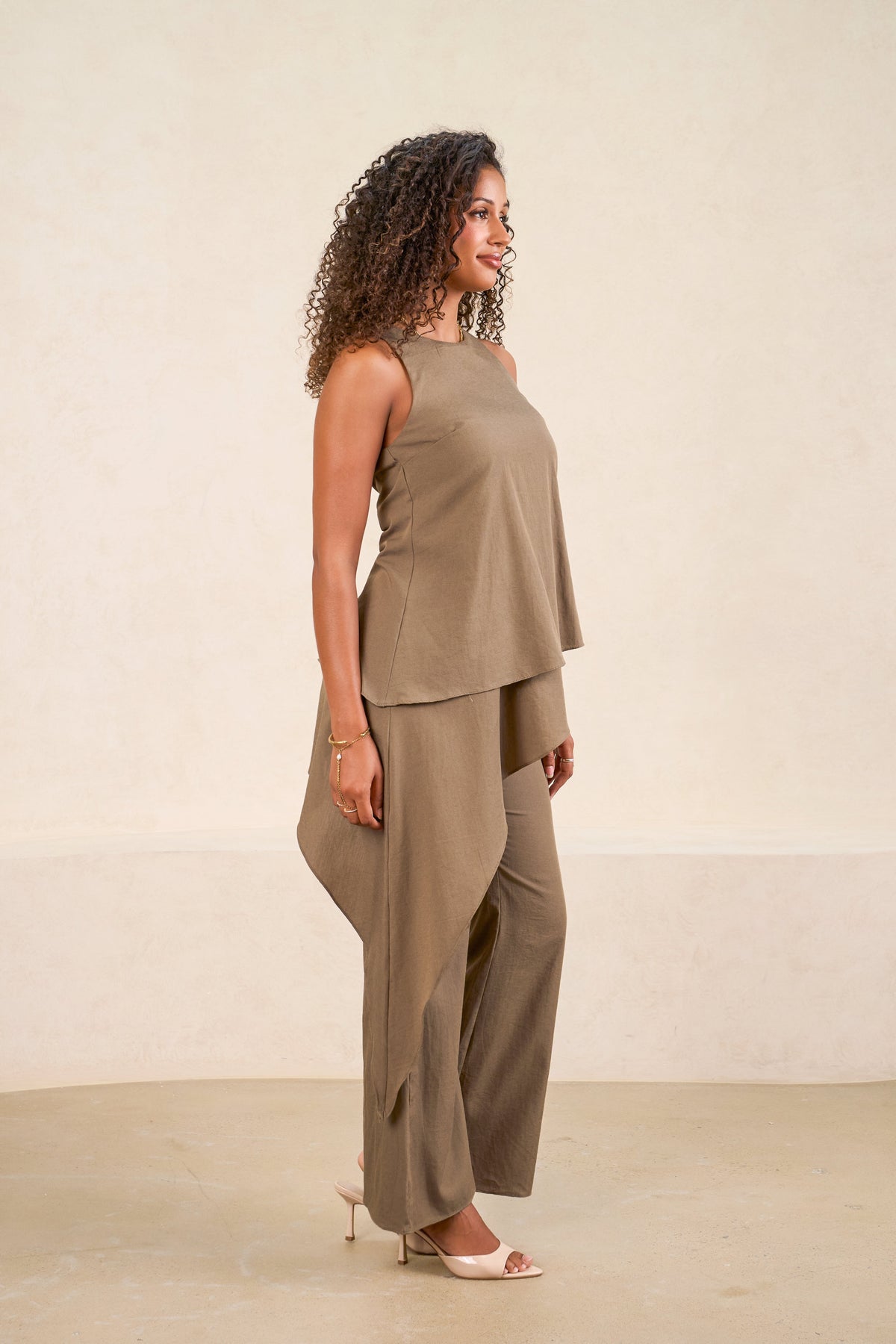 Justine Khaki Asymmetrical Layered Top & Wide Leg Pant Set
