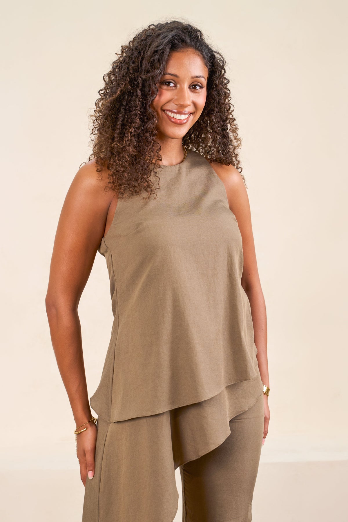 Justine Khaki Asymmetrical Layered Top & Wide Leg Pant Set