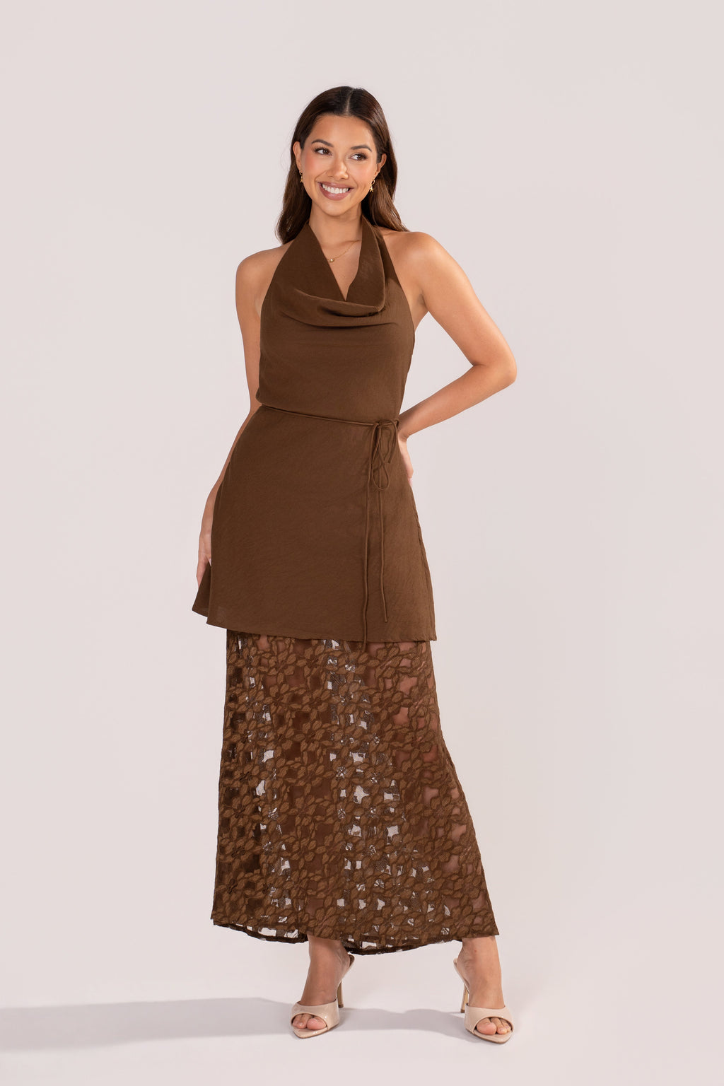 Matilda Chocolate Halter Top & Lace Skirt Set