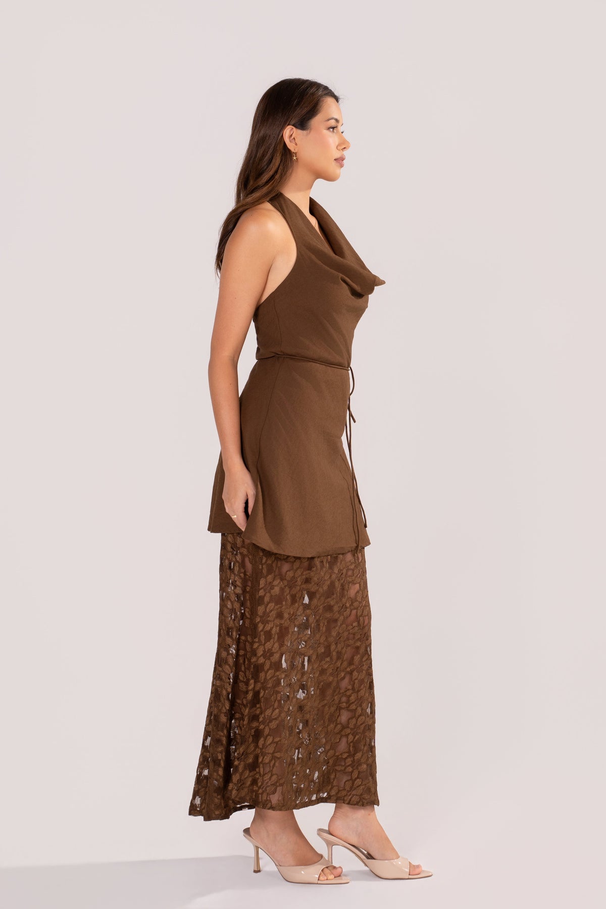 Matilda Chocolate Halter Top & Lace Skirt Set