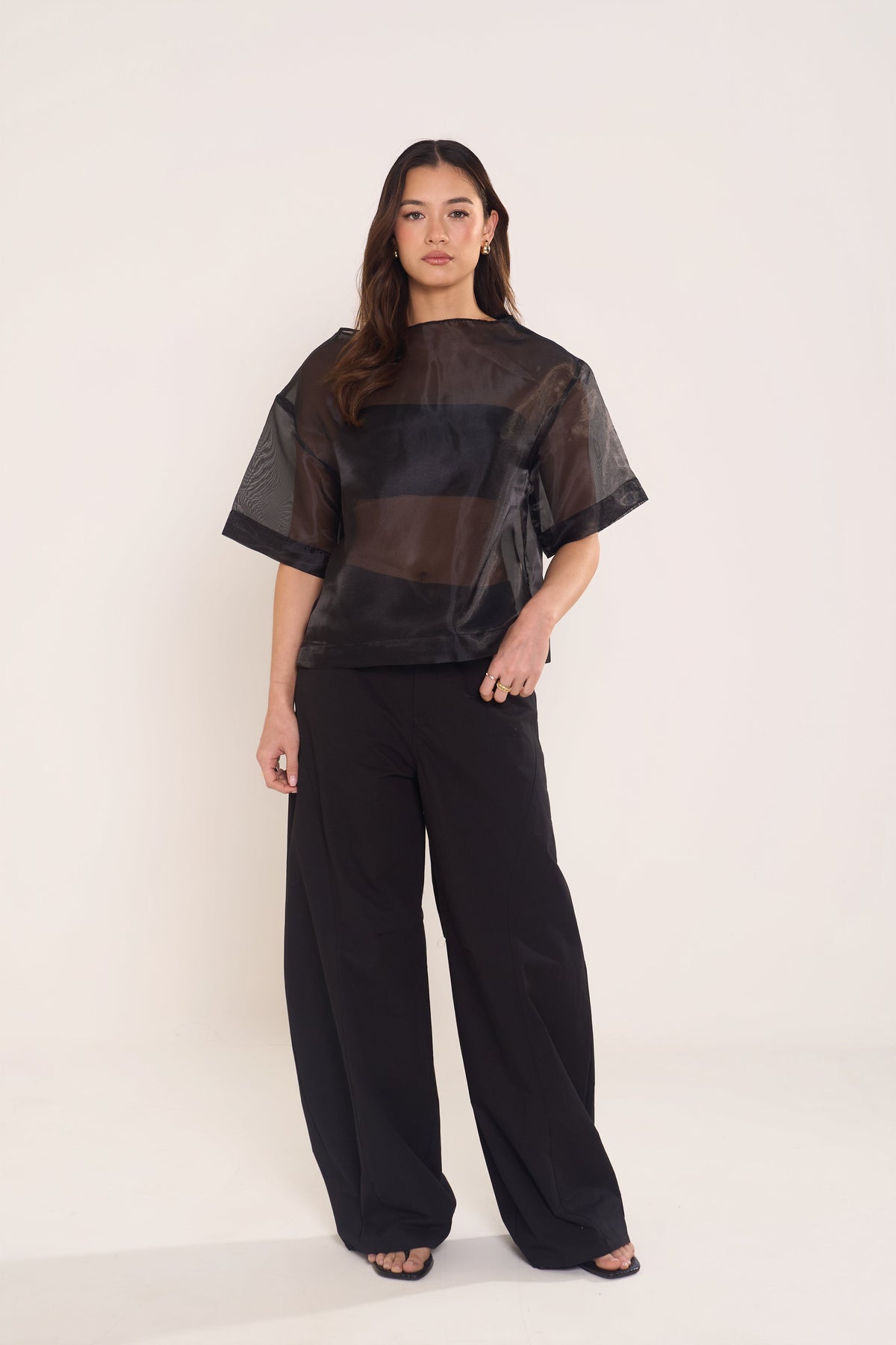 Onyx Sheer Black Overlay Top & Wide Leg Pant Set
