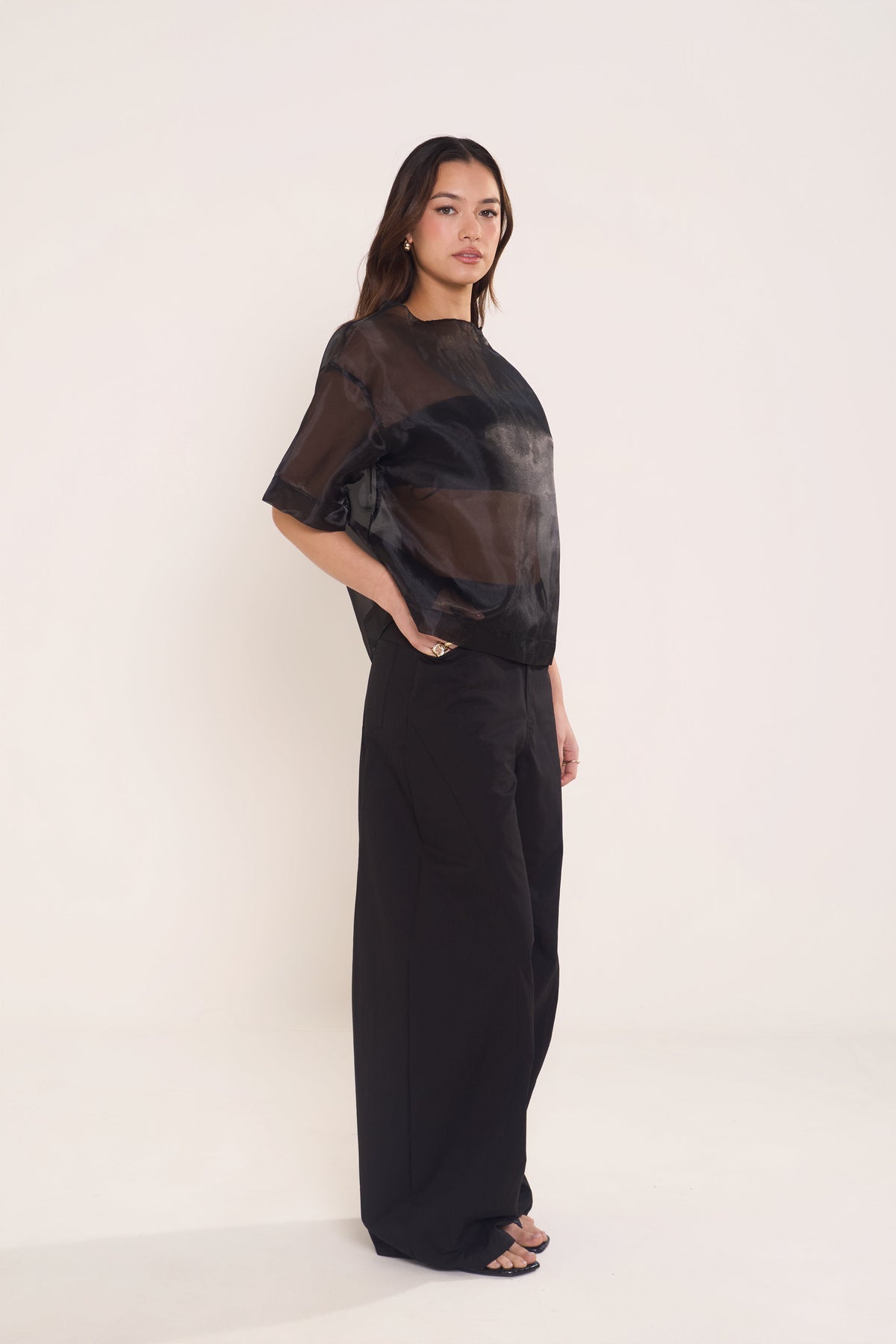 Onyx Sheer Black Overlay Top & Wide Leg Pant Set
