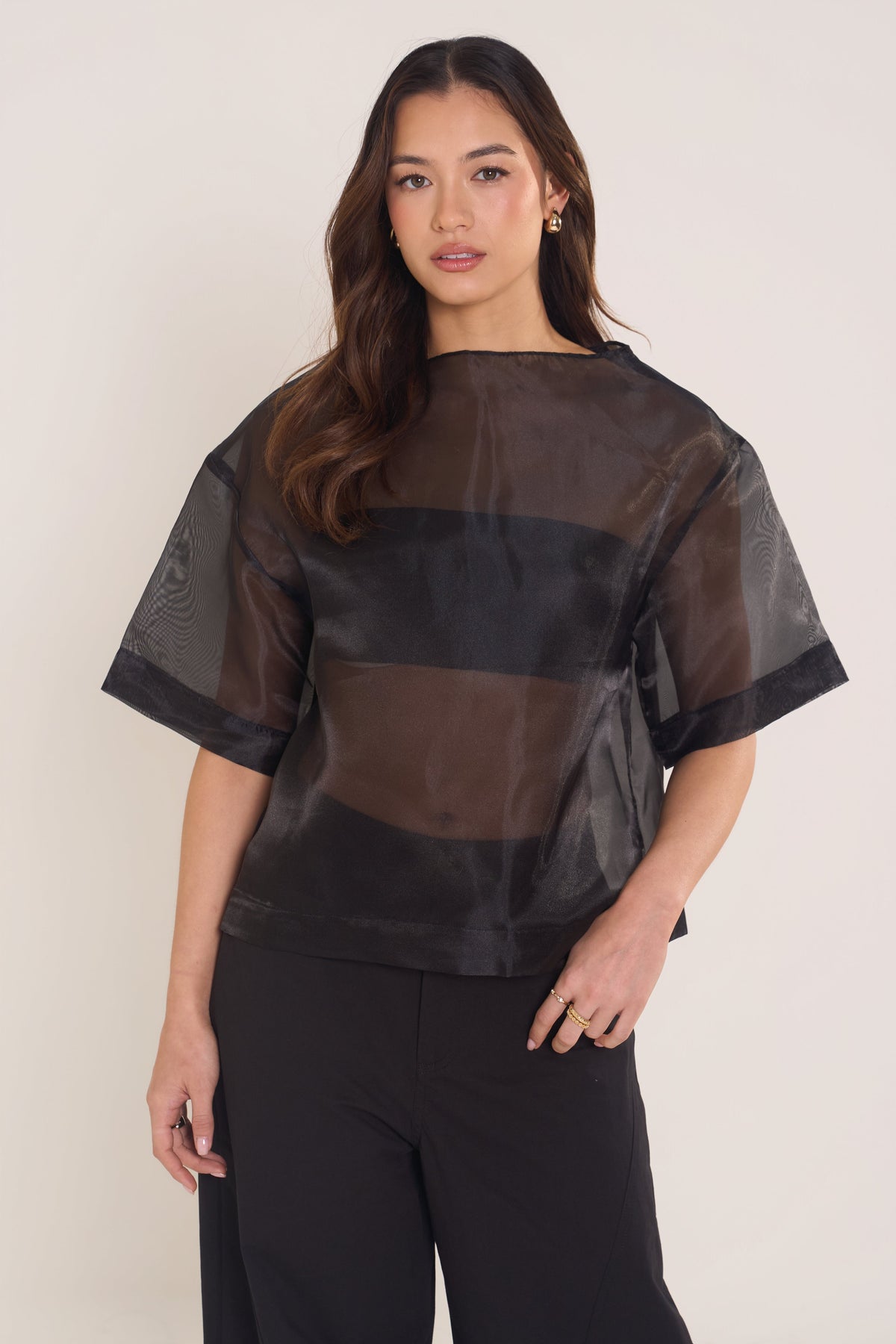 Onyx Sheer Black Overlay Top & Wide Leg Pant Set