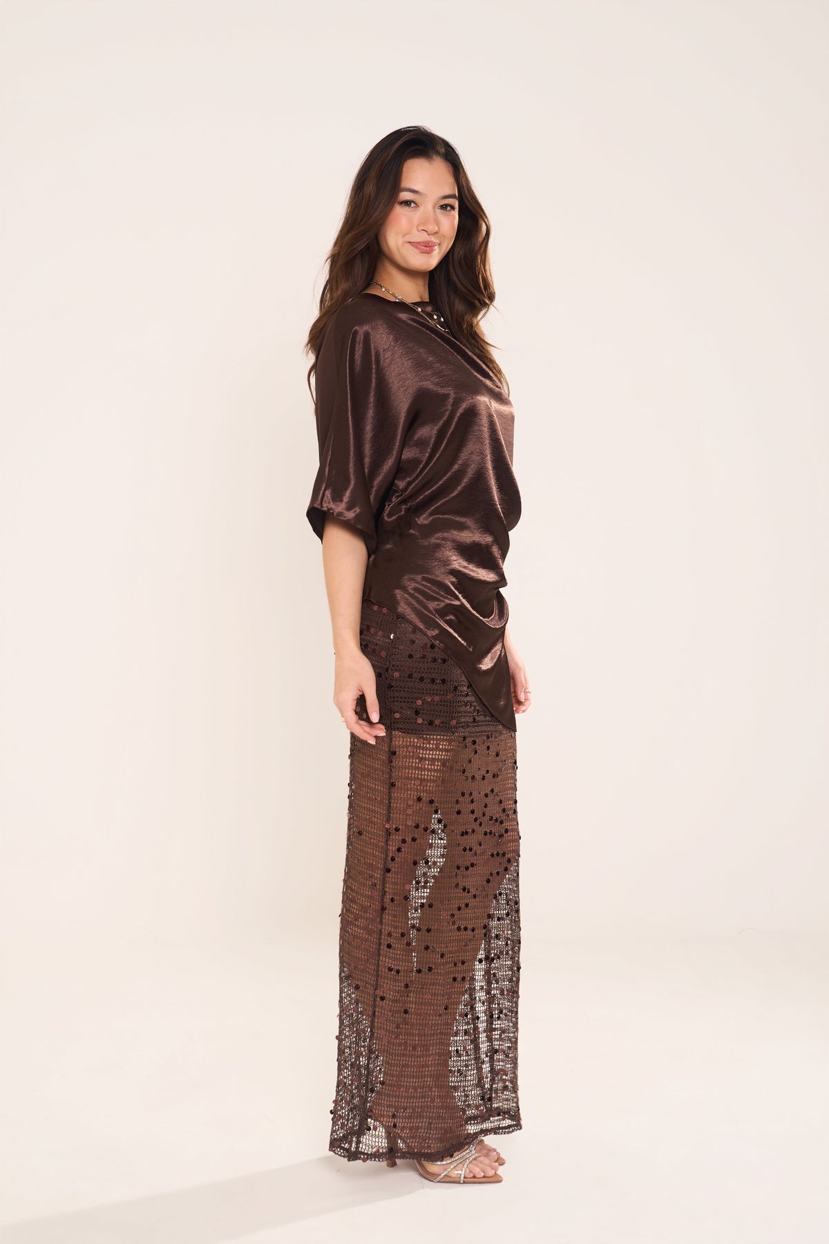 Xaviera Chocolate Longline Top & Sequin Maxi Skirt Set