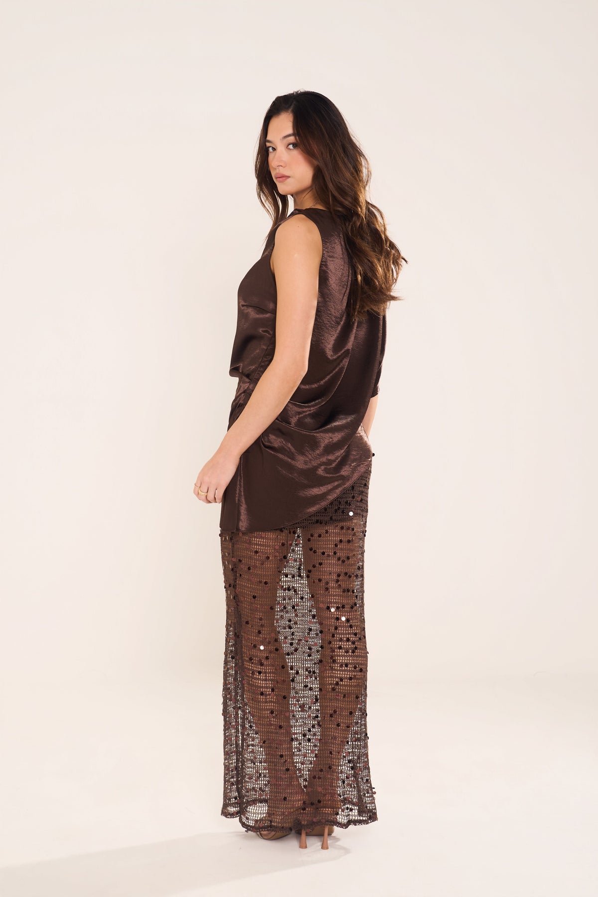 Xaviera Chocolate Longline Top & Sequin Maxi Skirt Set