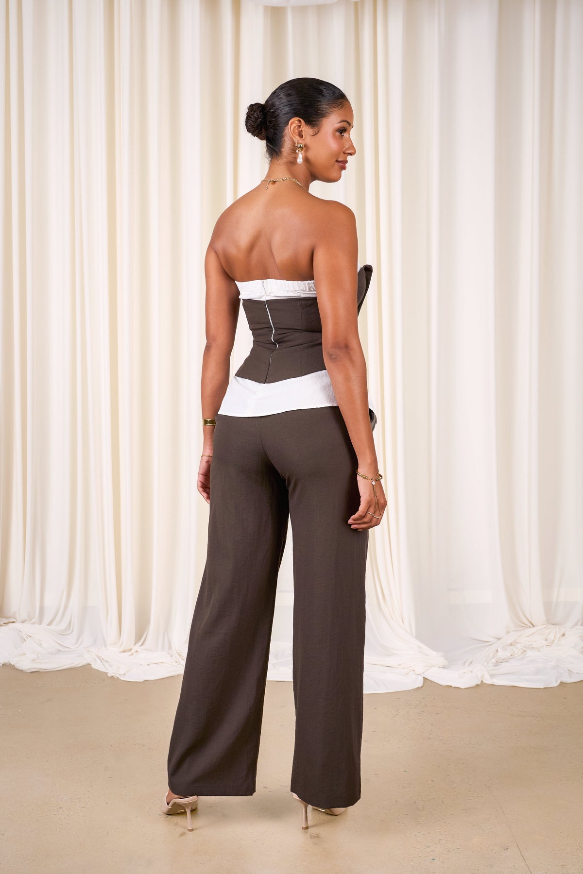 Ysabel Olive Tailored Strapless Top & Wide Leg Pant Set